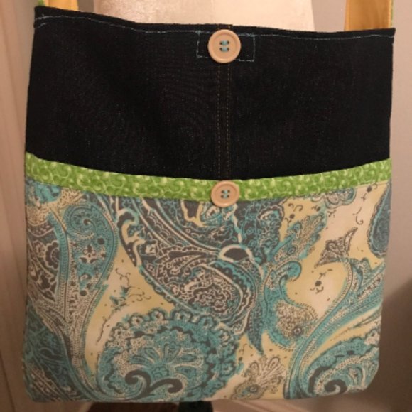 Paisley Jean Purse~Handmade~Denim~Green~Yellow - Picture 2 of 5
